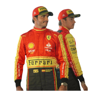 Two individuals wearing red and yellow racing suits with various sponsor logos on a white background.