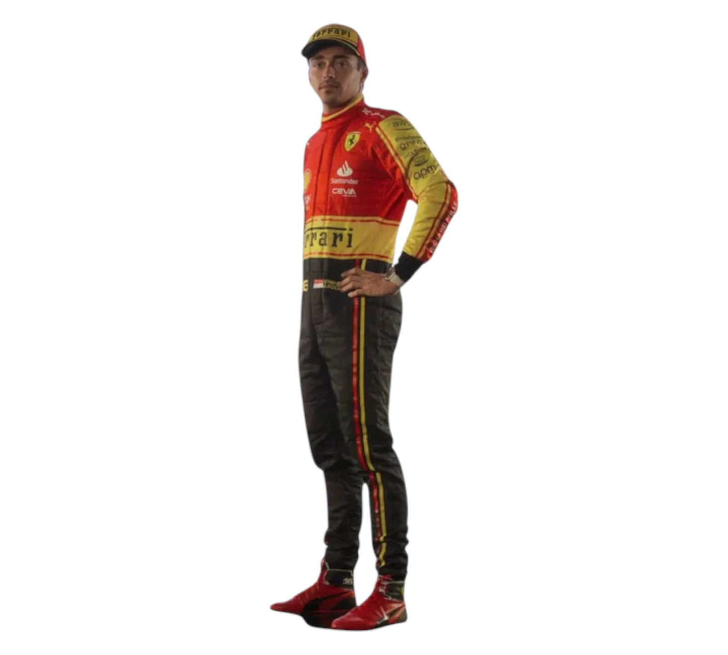 Person wearing a red and black racing suit with visible branding on a white background