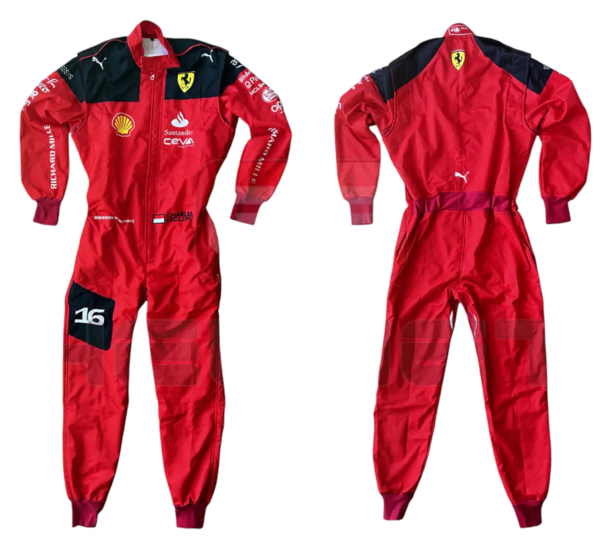 Two red racing suits with various logos on a white background