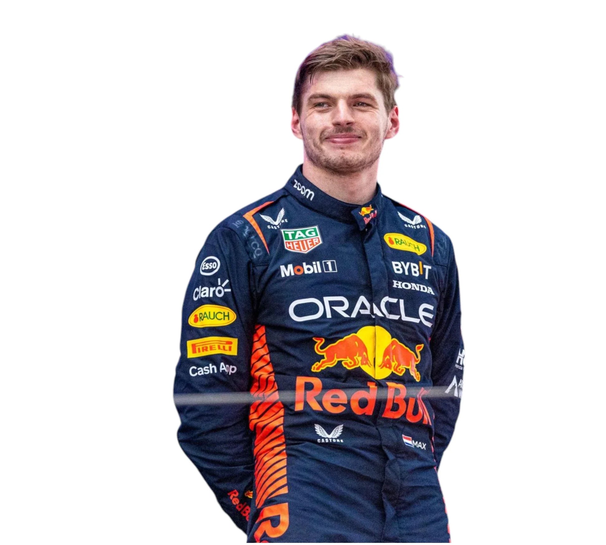 Person wearing a Formula 1 racing suit with various sponsor logos on a white background