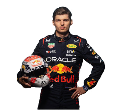 Person wearing a Formula 1 racing suit holding a helmet with visible branding on a white background