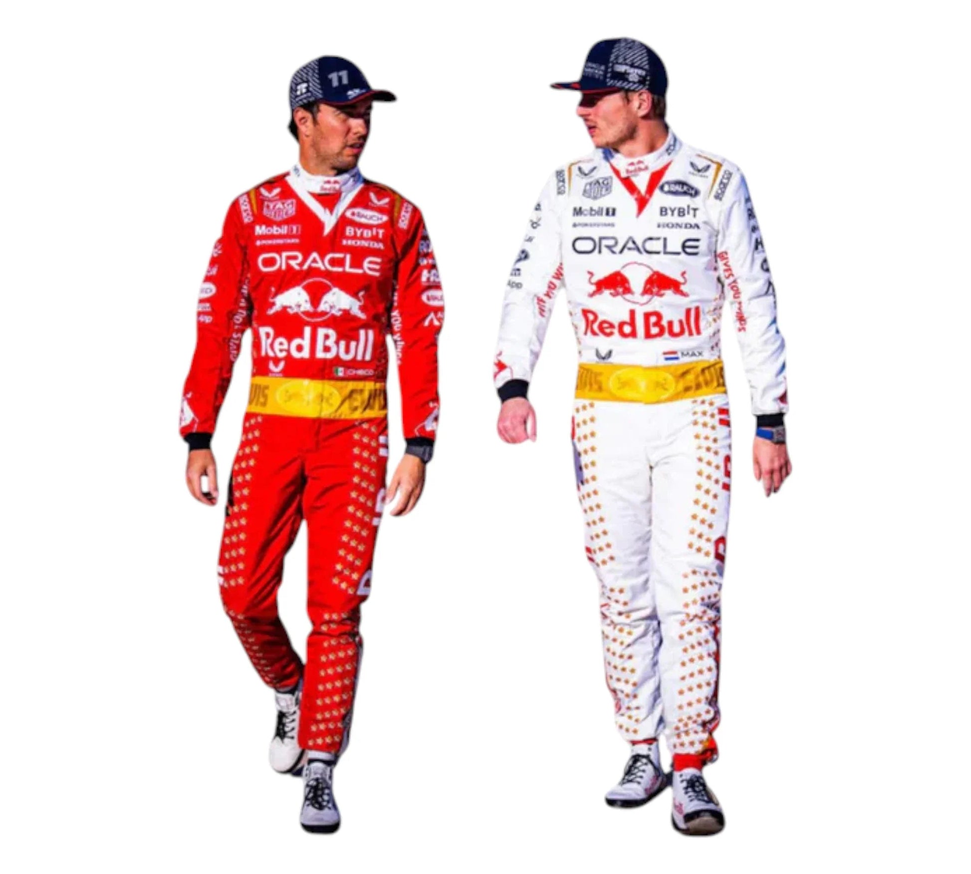 Two Formula 1 drivers in red and white racing suits with Oracle and Red Bull branding on a white background.