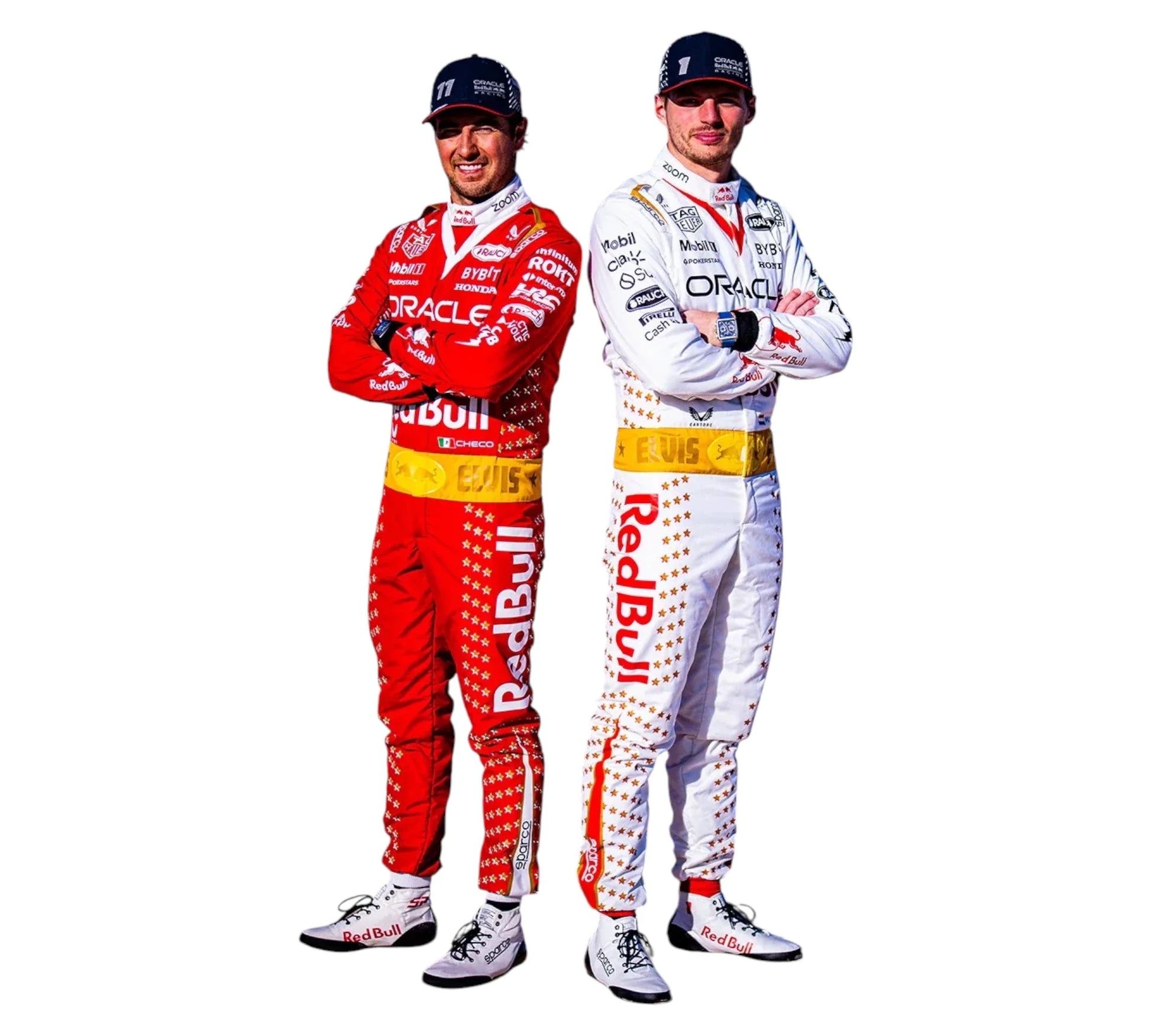 Two individuals in racing suits with Red Bull branding on a white background