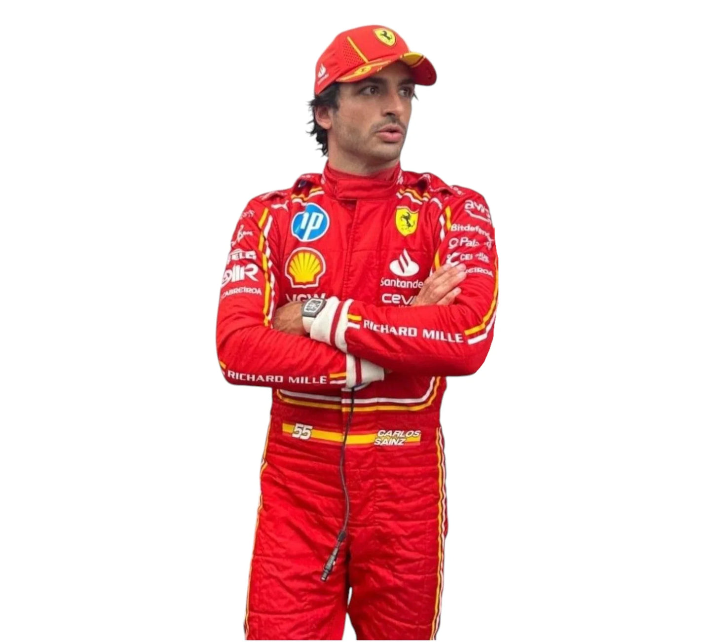 Person wearing a racing suit with various sponsor logos on a white background