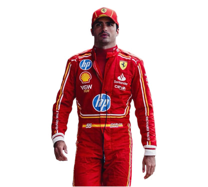 Person wearing a red racing suit with various sponsor logos on a white background