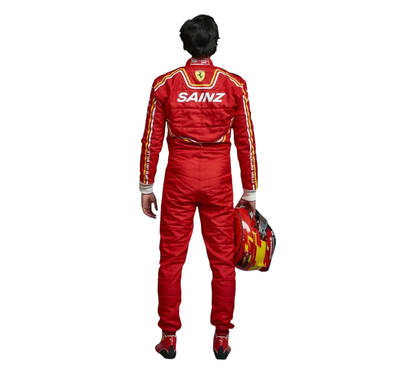 Person wearing a red racing suit with 'SAINZ' branding on a white background
