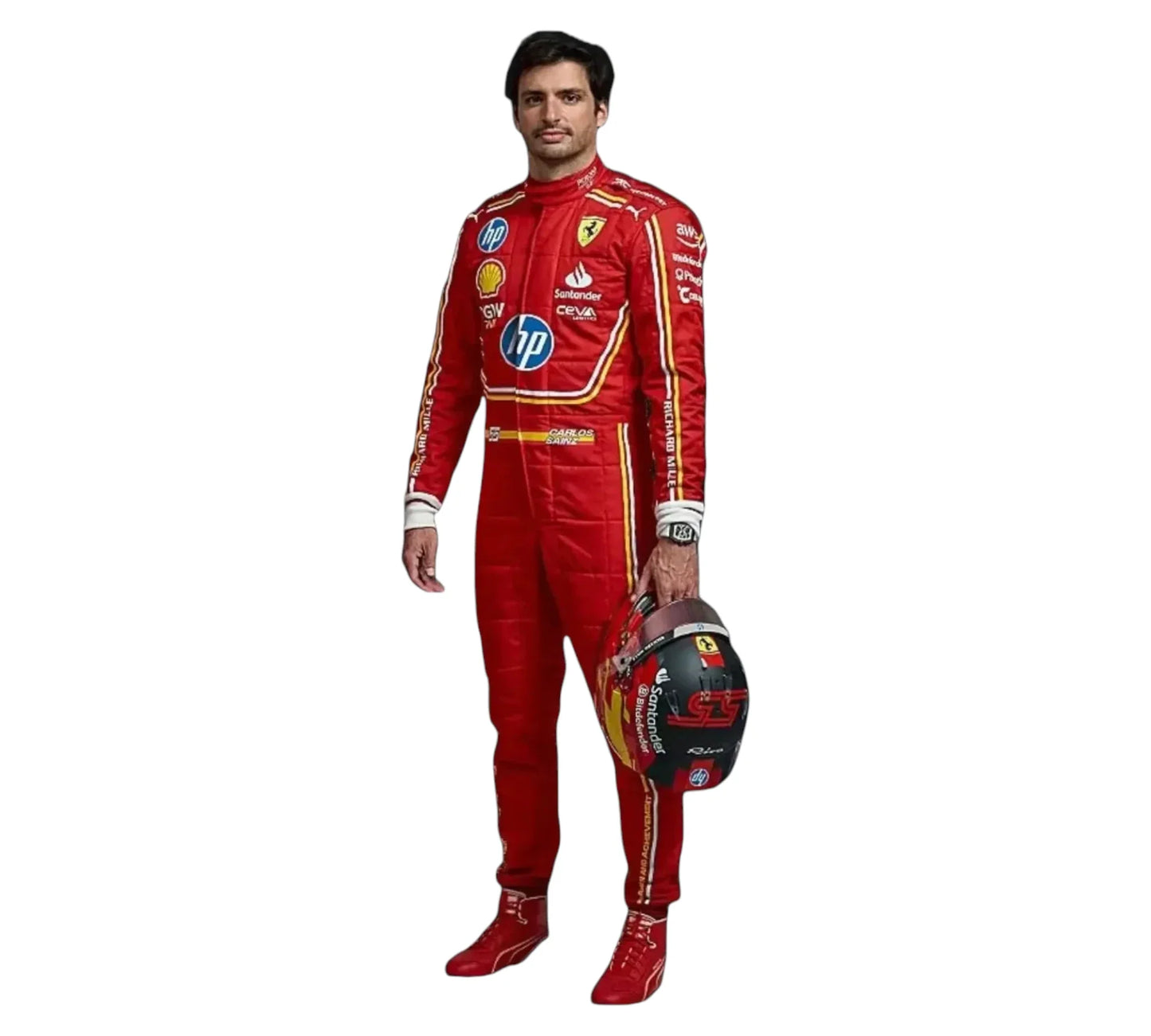 Person wearing a red racing suit with various logos, holding a helmet on a white background
