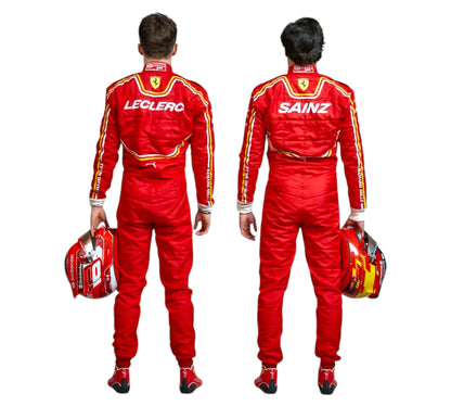 Two views of a person wearing a red racing suit with 'Leclerc' and 'Sainz' branding, holding a helmet.