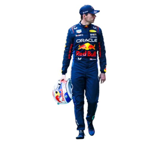 Person wearing a Red Bull racing suit holding a helmet on a white background