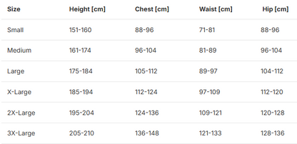Measurement chart for clothing sizes with height, chest, waist, and hip dimensions.