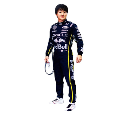 Person wearing a Formula 1 racing suit with Red Bull branding on a white background