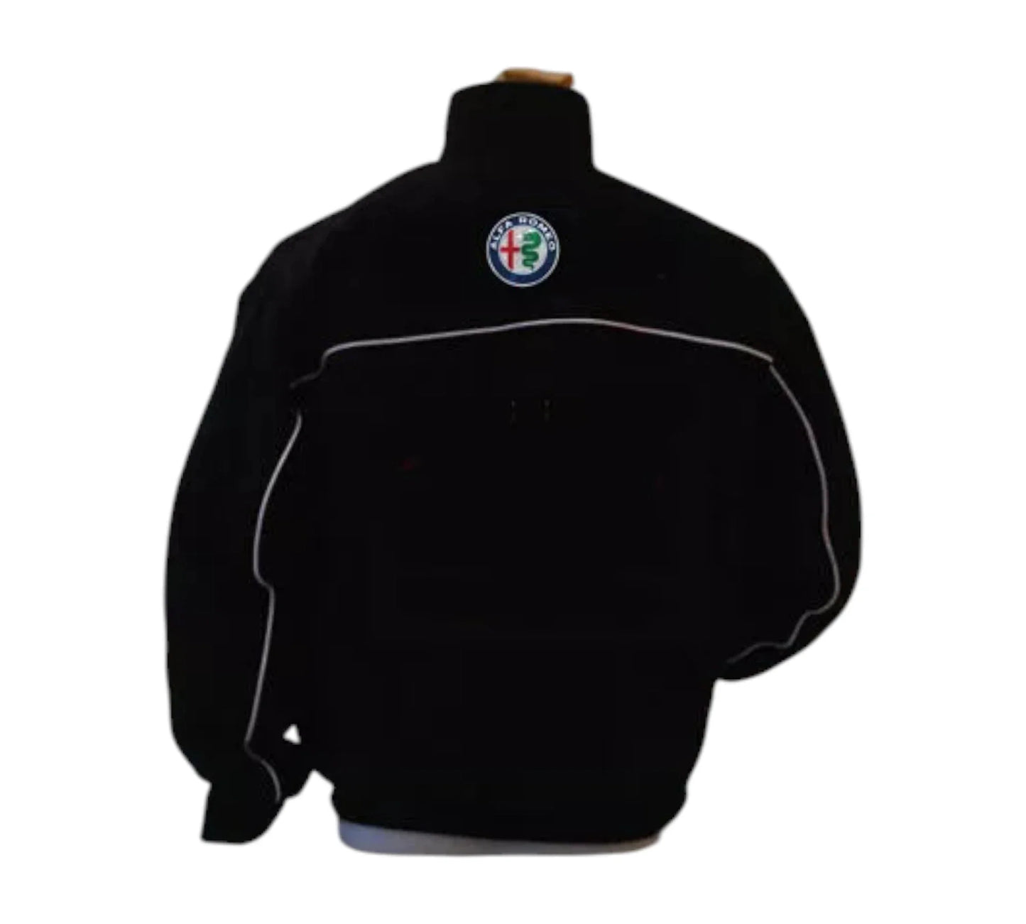 Black jacket with a logo on the chest against a white background