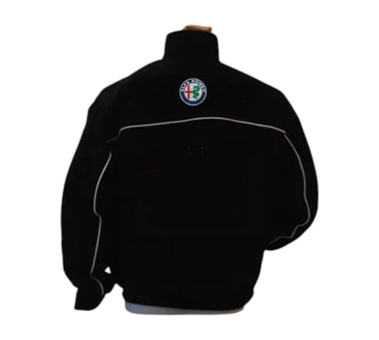 Black jacket with a logo on the chest against a white background