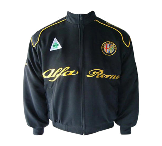 Black jacket with yellow text and logos on a white background