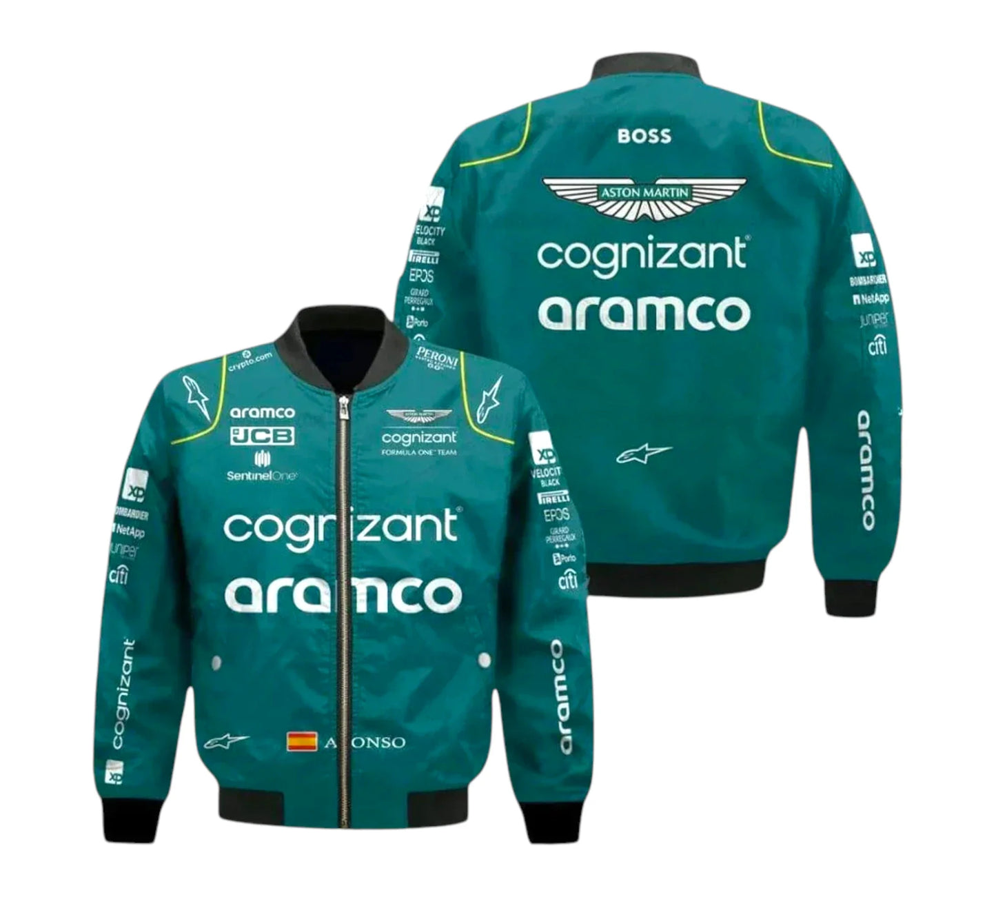 Teal racing jacket with sponsor logos on a white background
