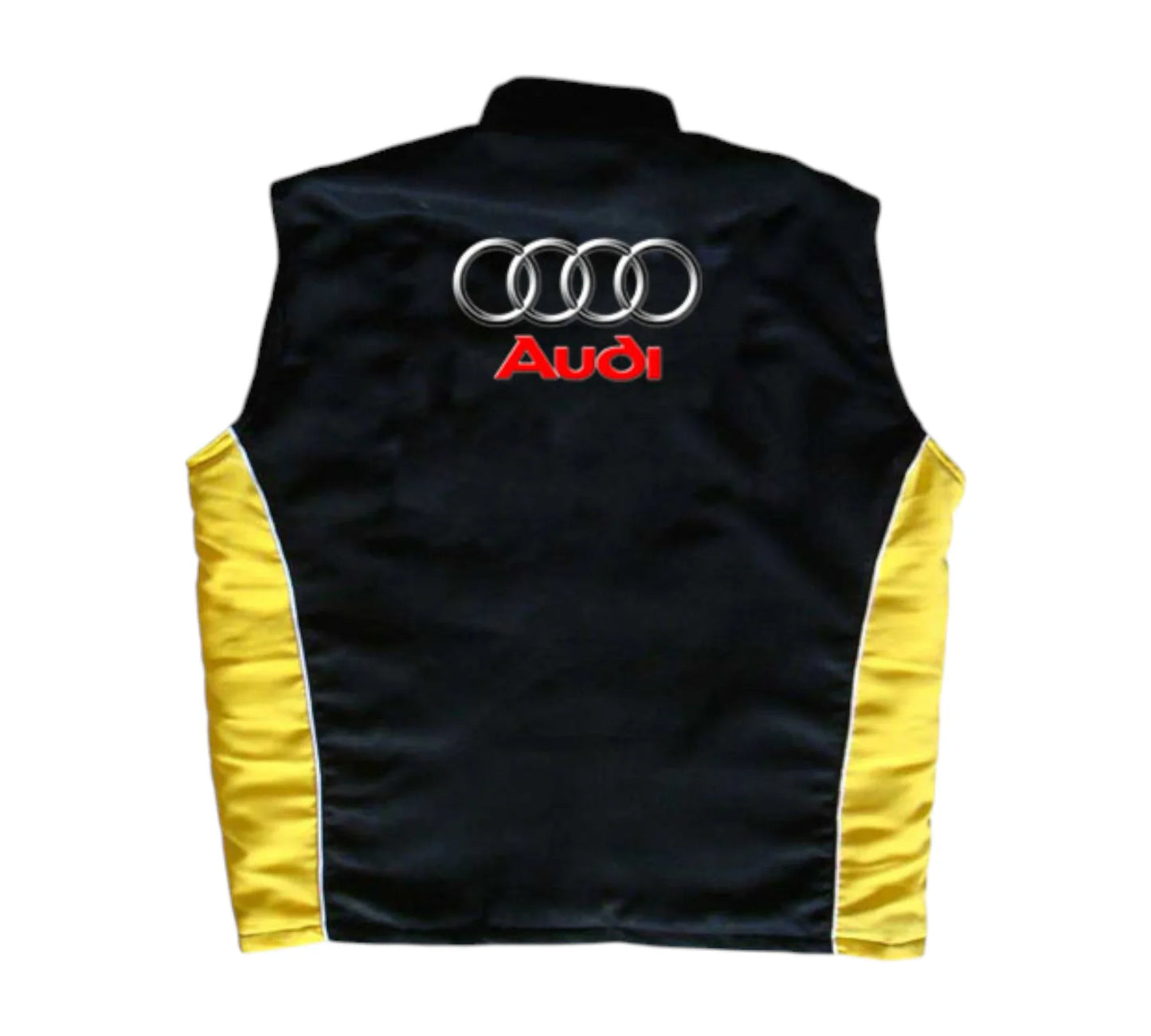 Black vest with yellow sleeves featuring Audi logo on a white background