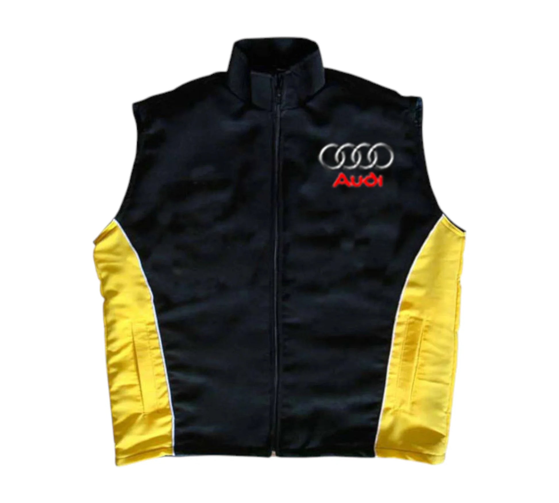 Black vest with yellow sleeves featuring Audi logo on a white background