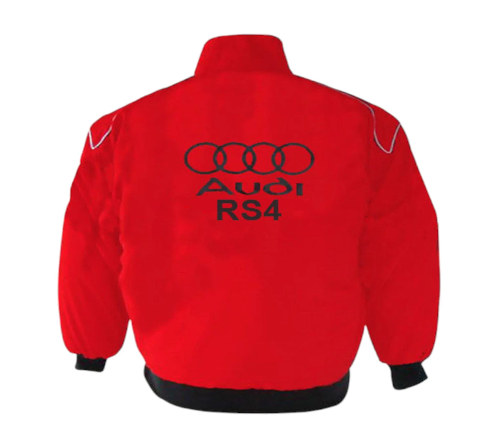 Red jacket with Audi RS4 logo on the back against a white background