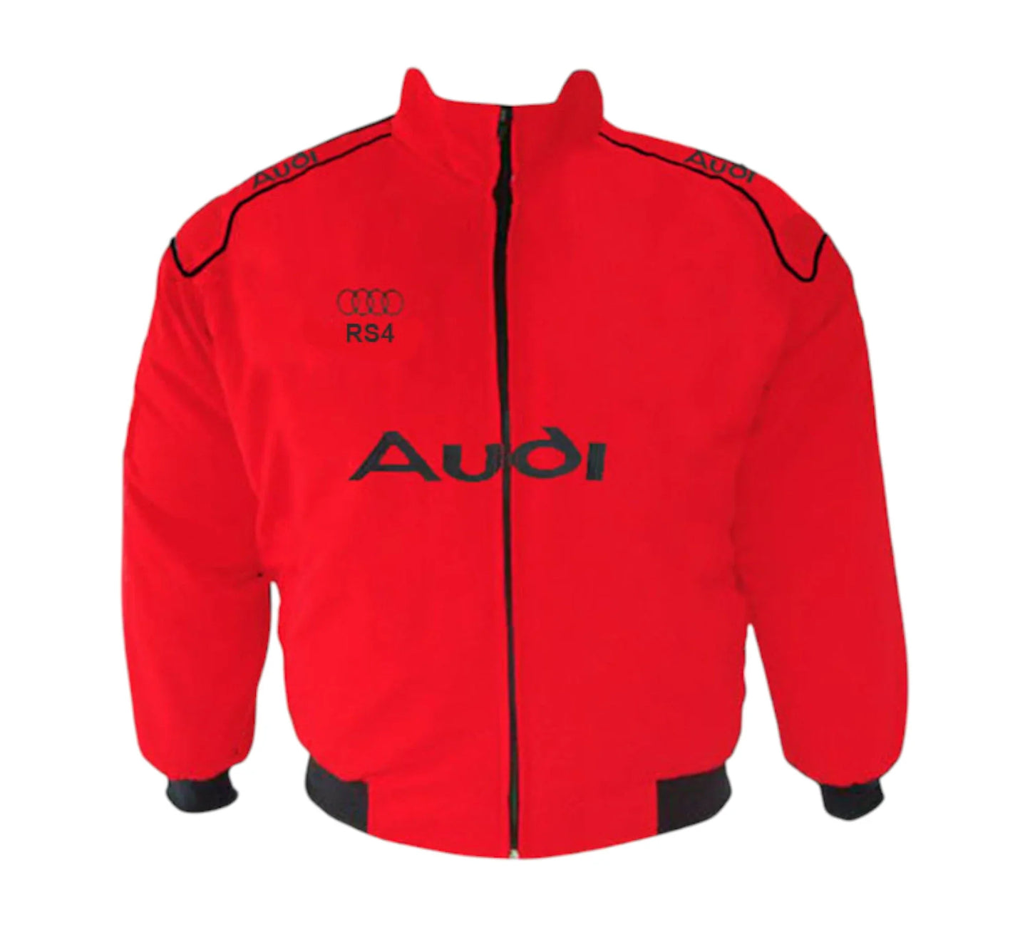 Red Audi jacket with black accents on a white background