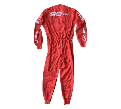 Red racing suit with Lenovo branding on a white background