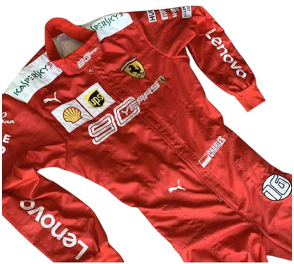 Red racing suit with various sponsor logos on a white background