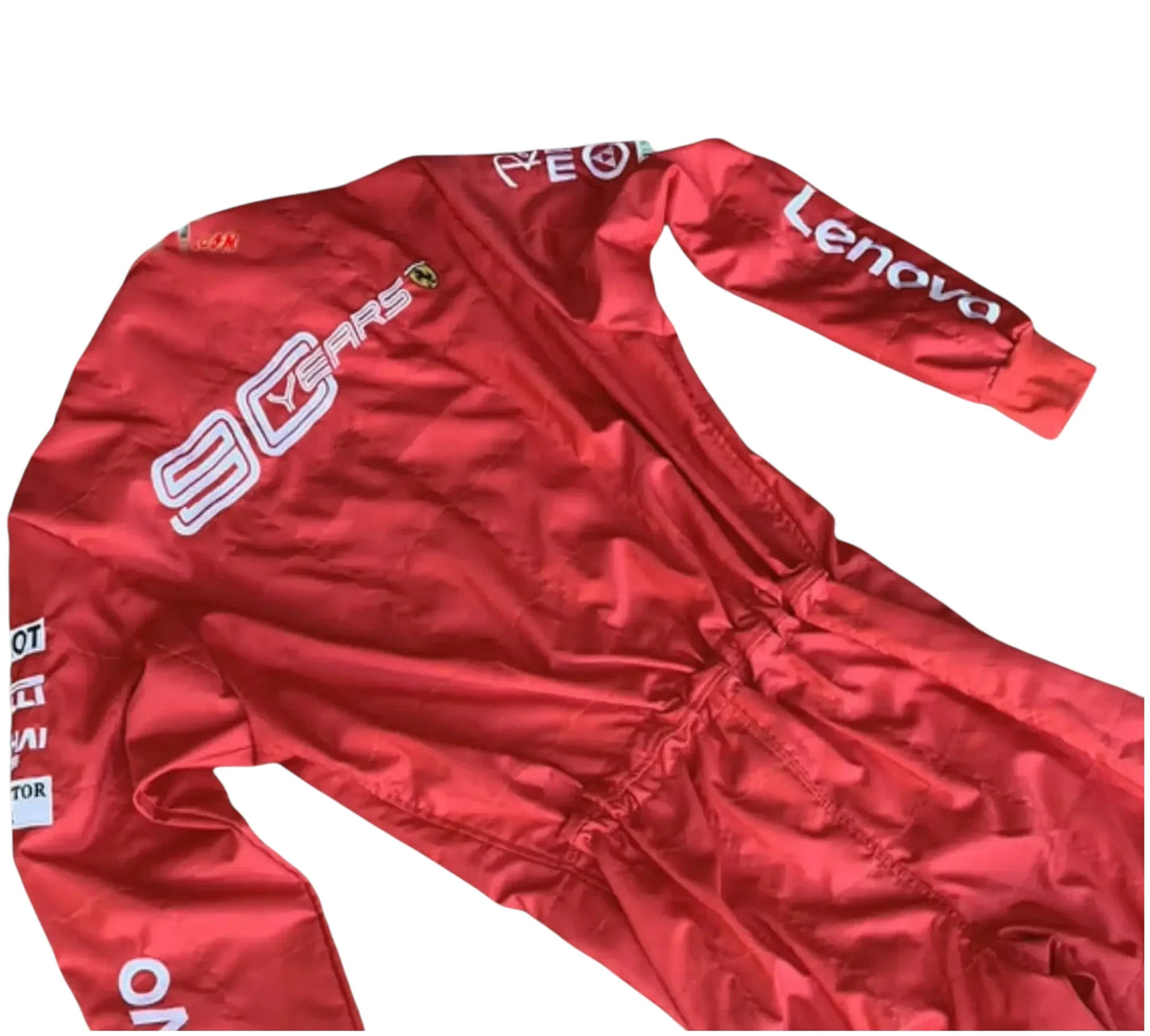 Red racing suit with visible branding on a white background