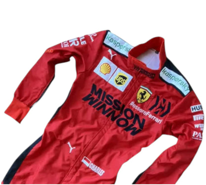 Red racing suit with various sponsor logos on a white background