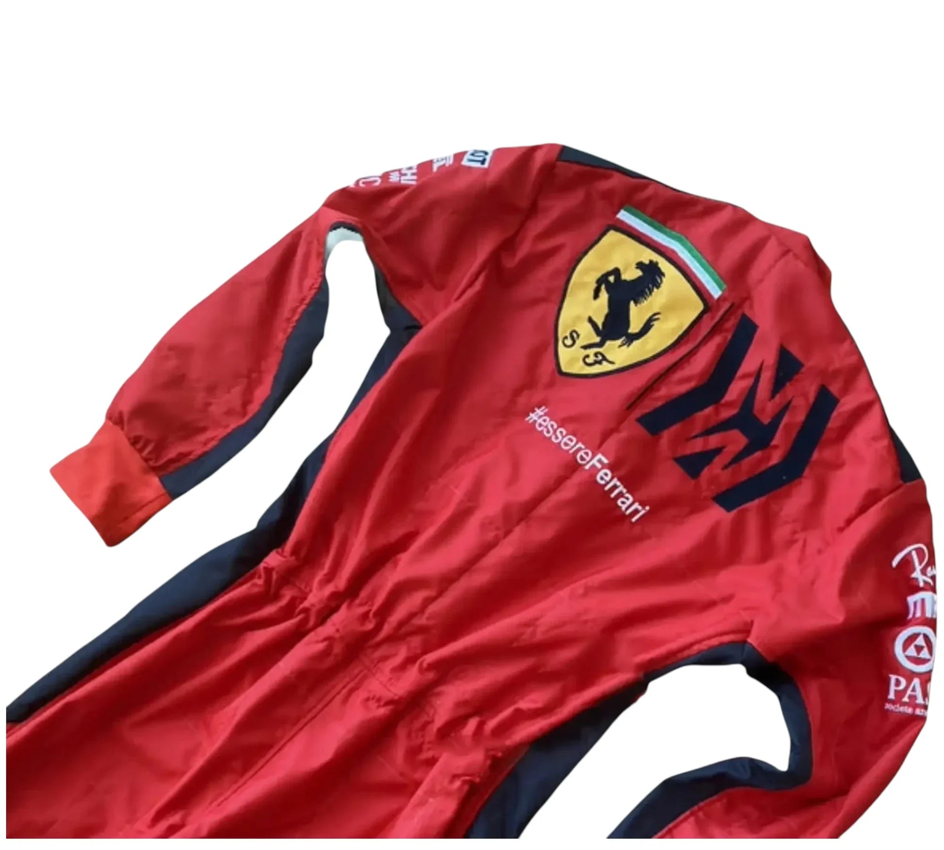 Red racing suit with Ferrari logo on a white background