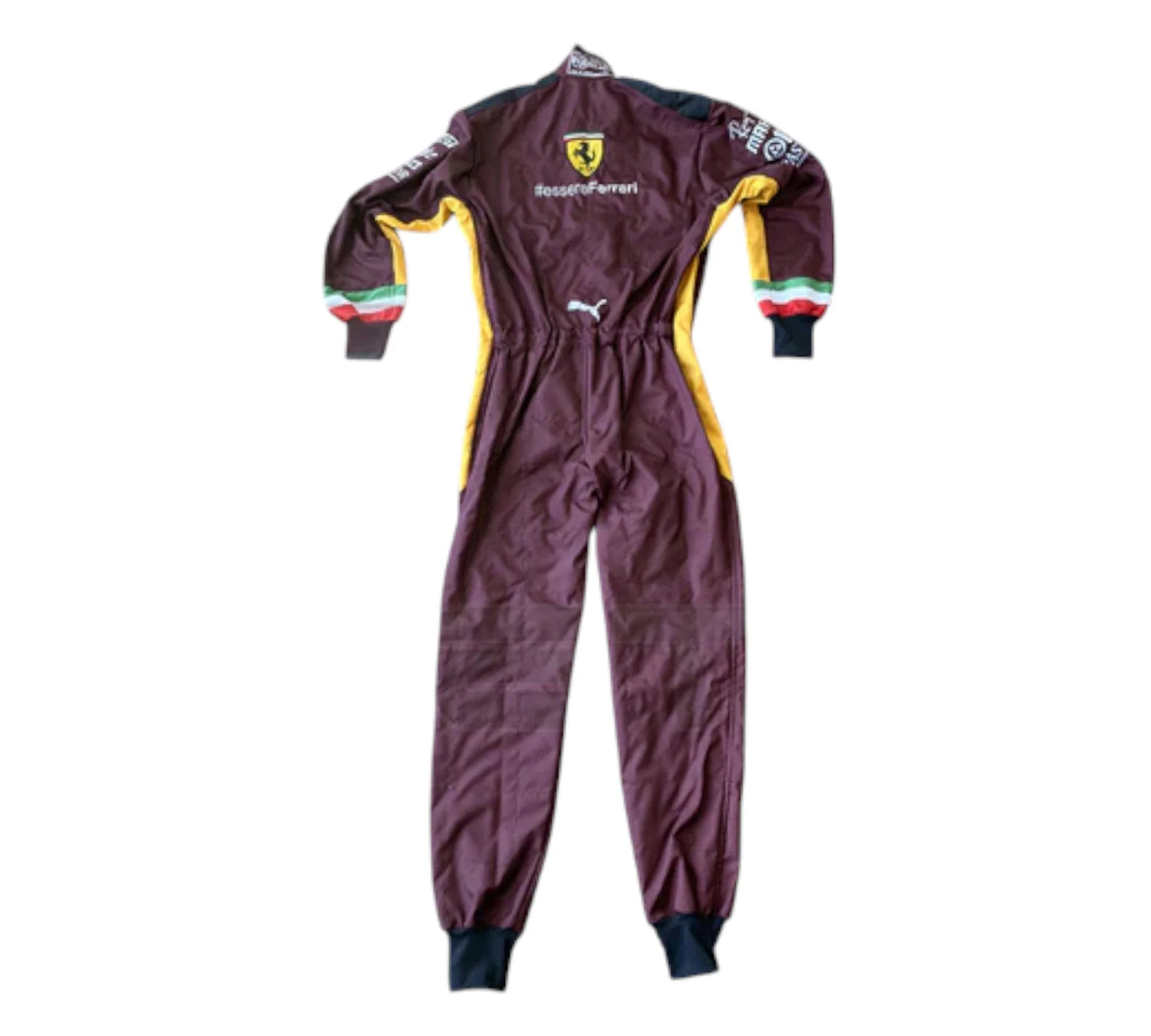 Maroon racing suit with Ferrari logo on a white background