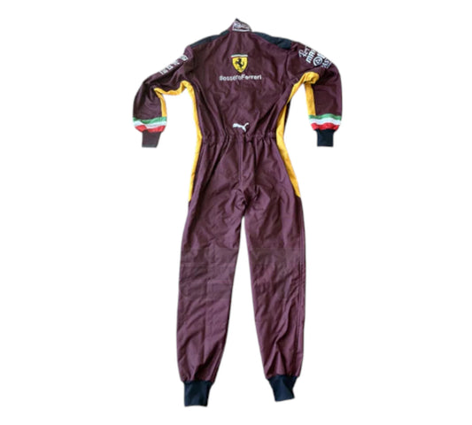 Maroon racing suit with Ferrari logo on a white background