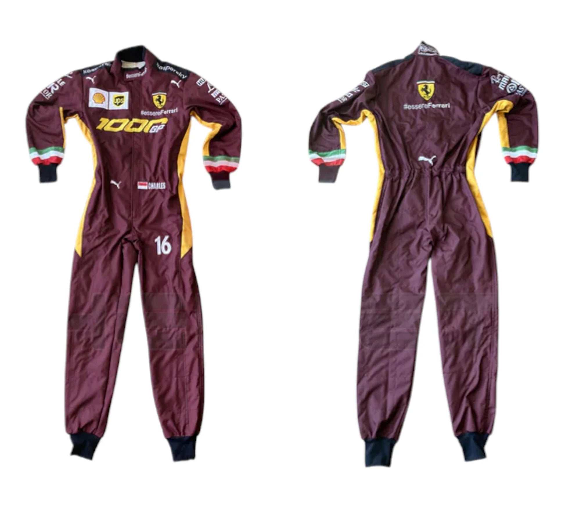 Maroon racing suit with visible branding on a white background