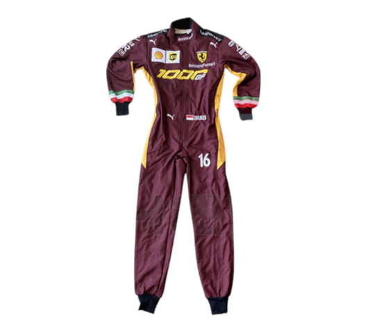 Maroon racing suit with sponsor logos on a white background