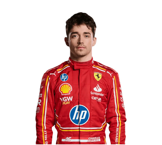 Person wearing a red racing suit with various sponsor logos on a white background