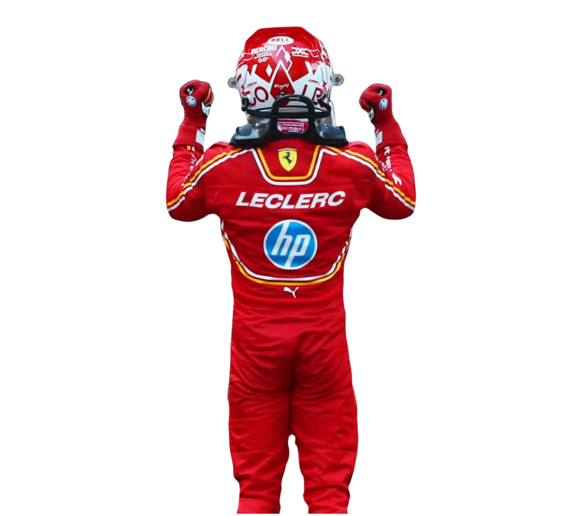 Person wearing a red racing suit with visible branding on a white background
