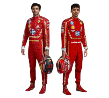 Two individuals wearing red racing suits with various logos on a white background