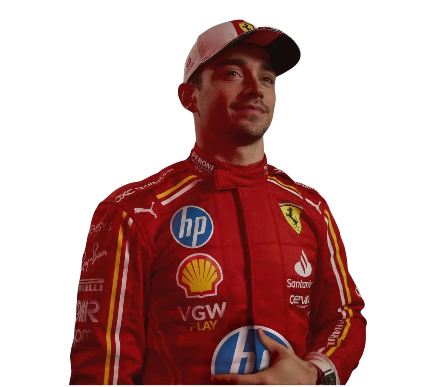Person wearing a red racing suit with various sponsor logos on a white background