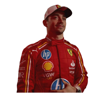 Person wearing a red racing suit with various sponsor logos on a white background