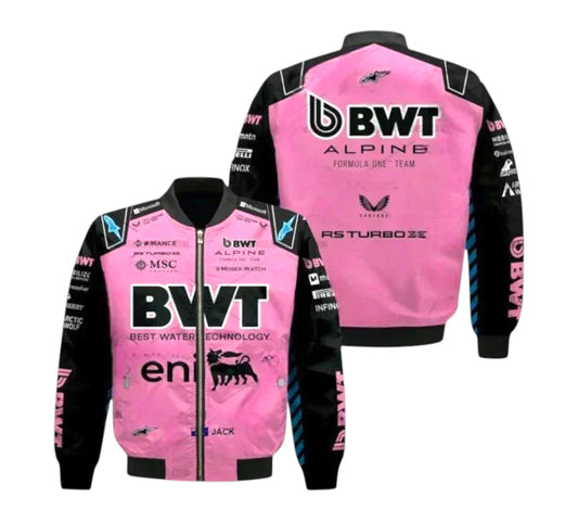 Pink and black jacket with branding on a white background