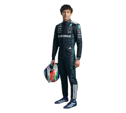 Person wearing a racing suit with Petronas and Adidas logos on a white background