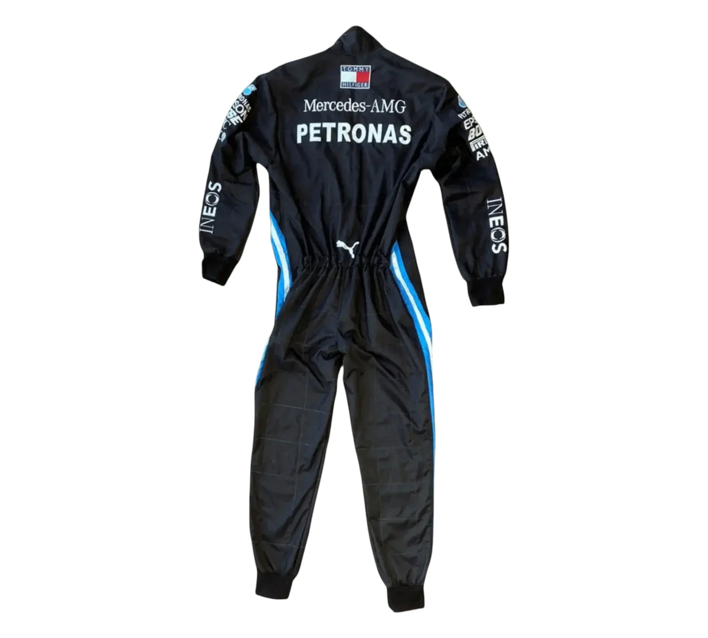 Black racing suit with Mercedes-AMG Petronas branding on a white background