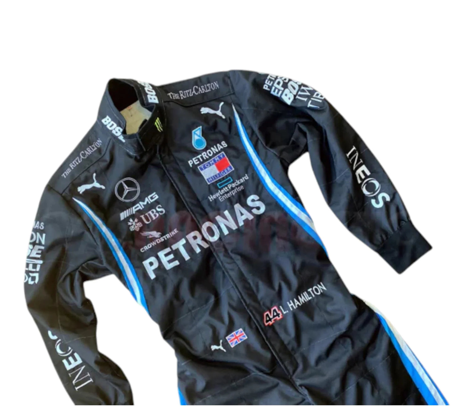 Black racing suit with various sponsor logos on a white background