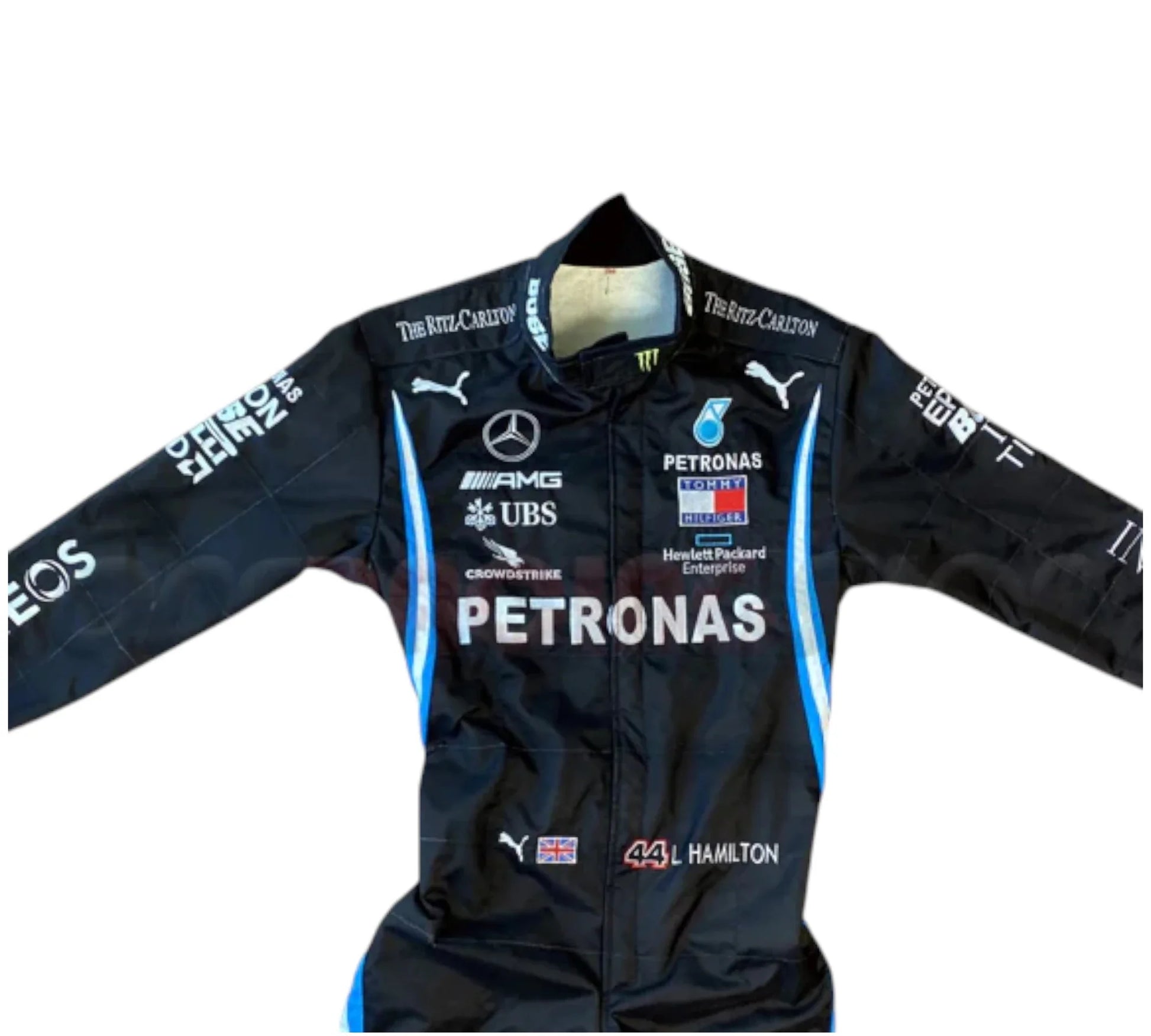Black racing suit with various sponsor logos on a white background