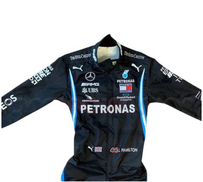 Black racing suit with various sponsor logos on a white background