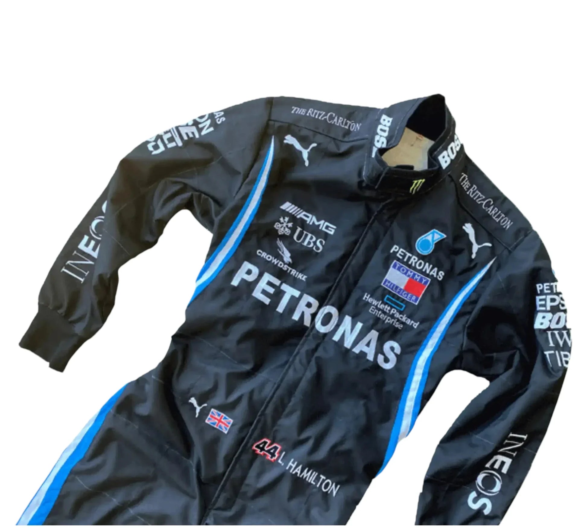 Black racing suit with various sponsor logos on a white background