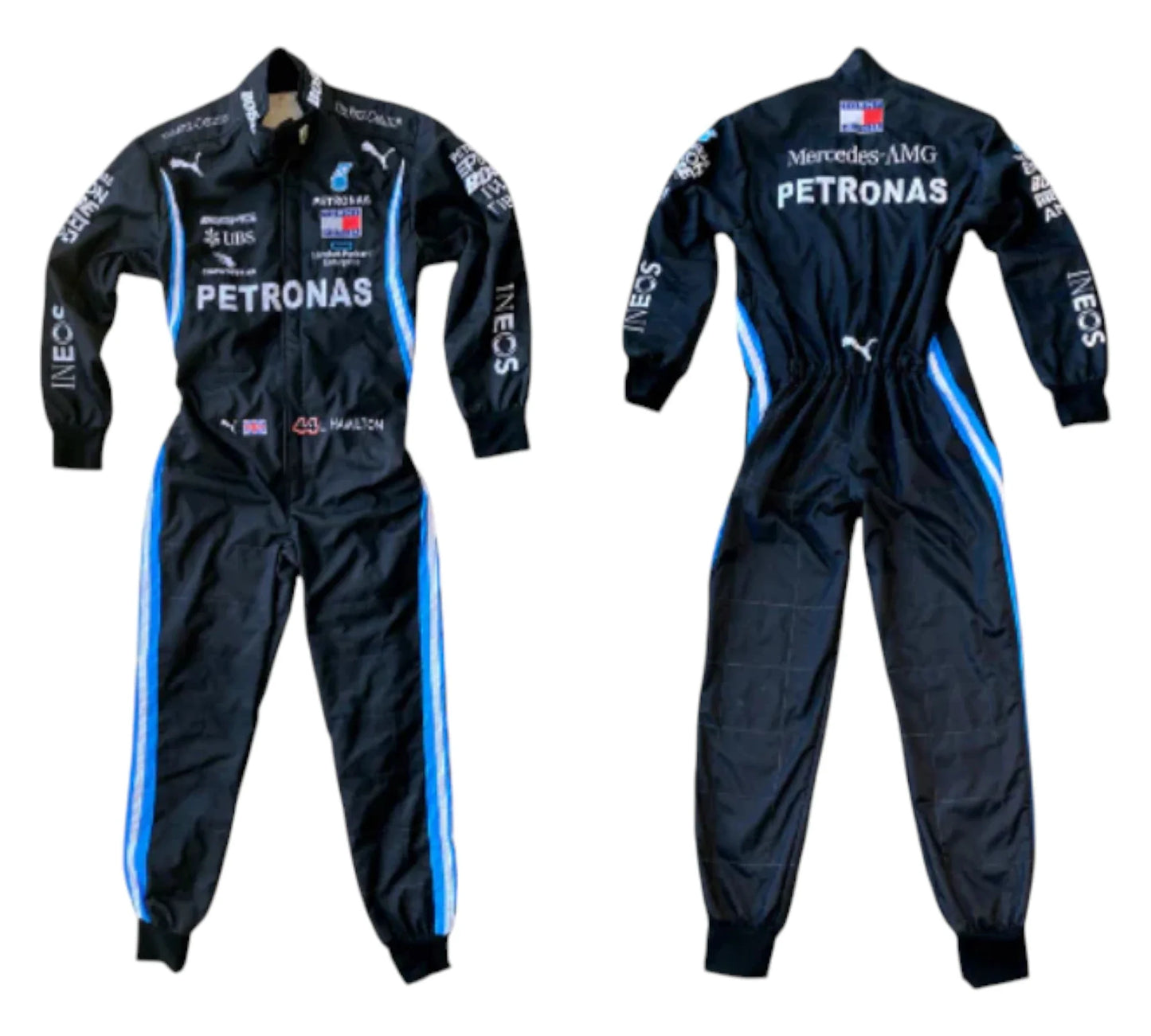 Two racing suits with Petronas branding on a white background
