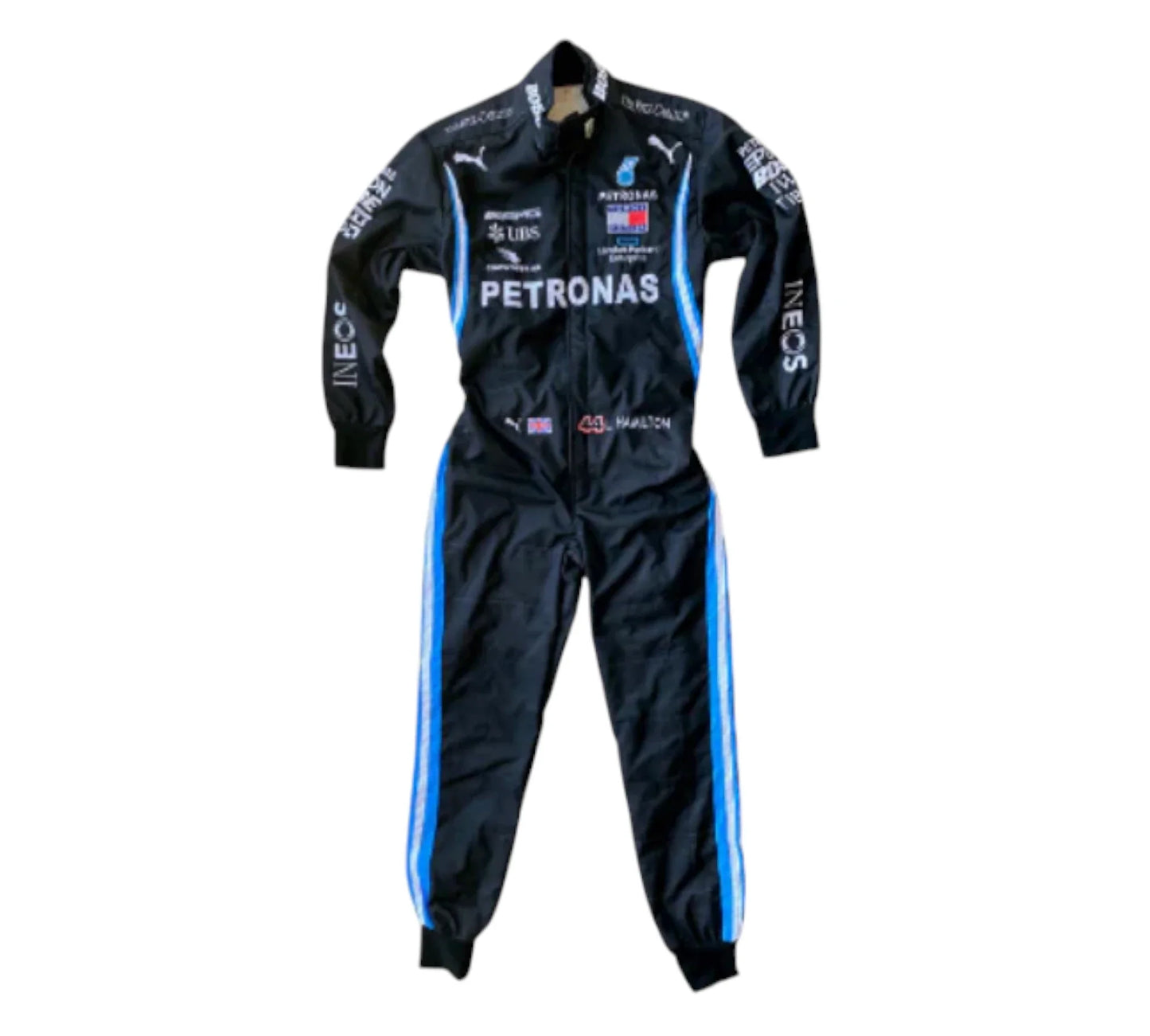 Black racing suit with blue stripes and sponsor logos on a white background