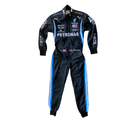 Black racing suit with blue stripes and sponsor logos on a white background