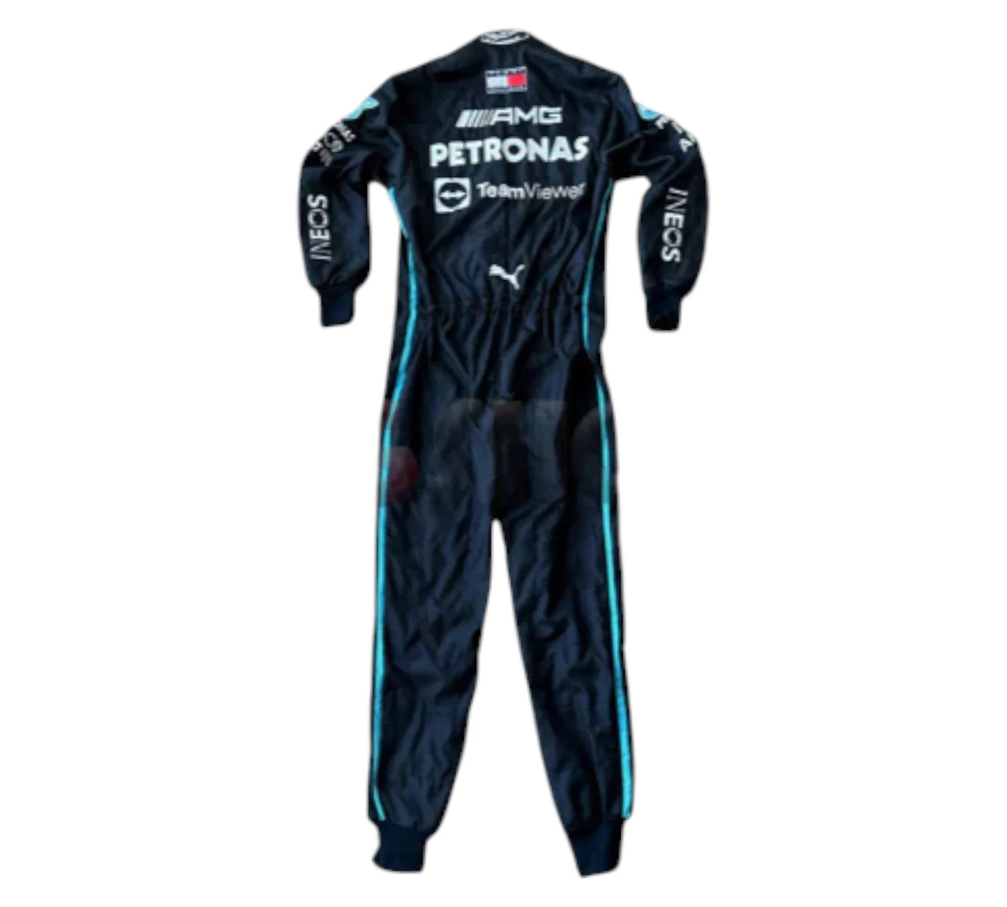Black racing suit with visible branding on a white background