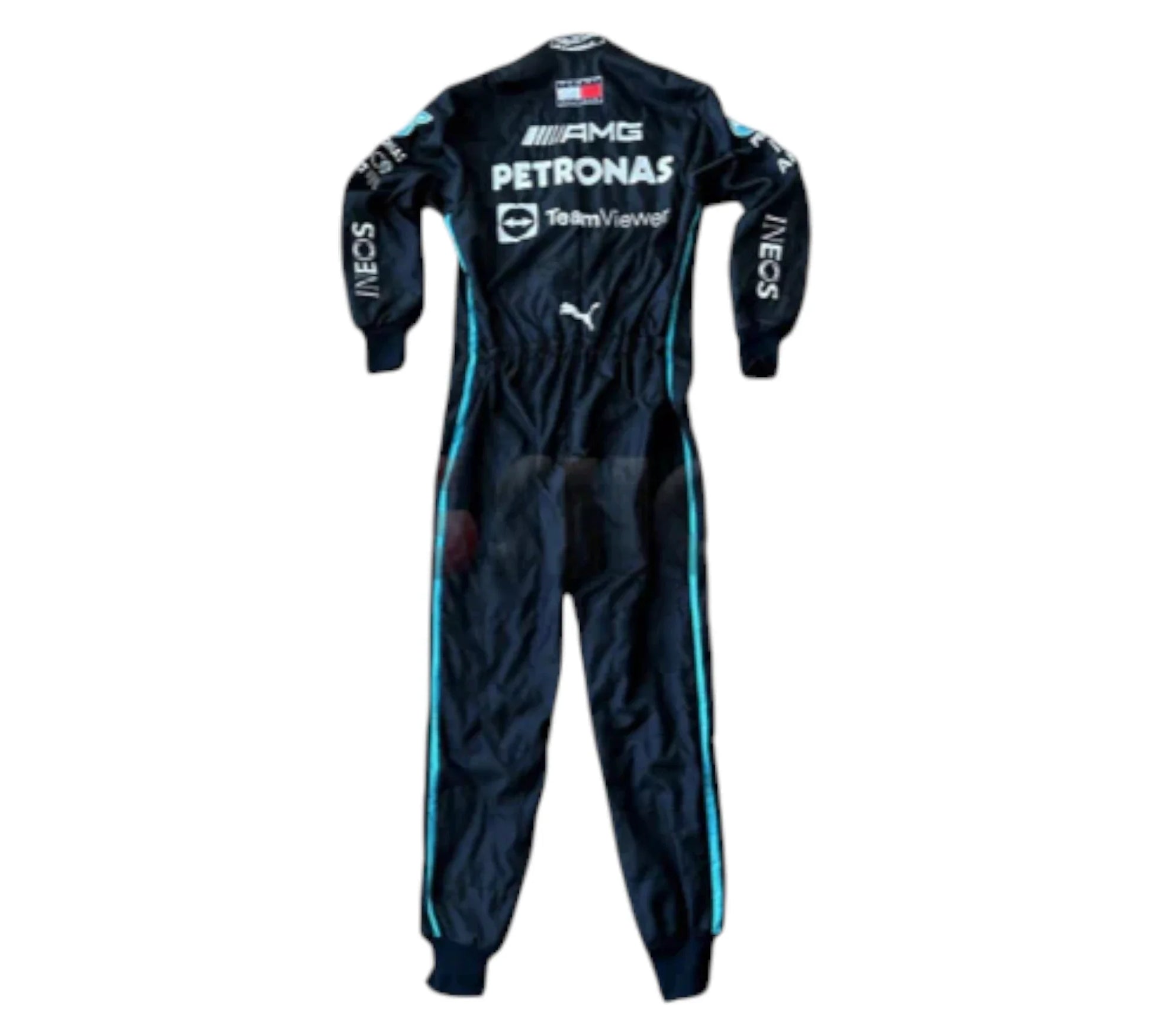 Black racing suit with visible branding on a white background