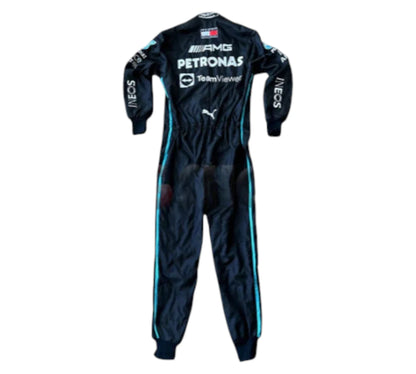 Black racing suit with visible branding on a white background
